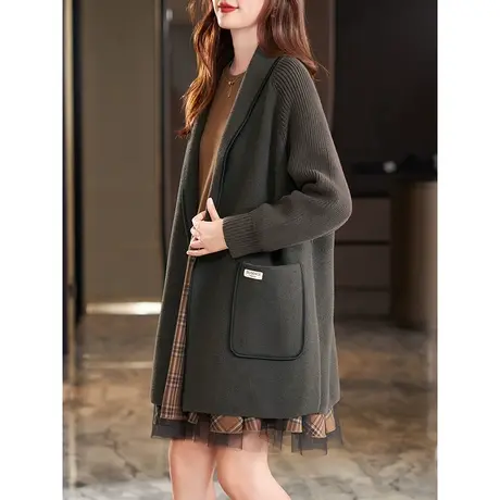 宝诗黎翻领针织拼接中长腰带外套上衣女秋冬宽松时尚大衣2023新款图片