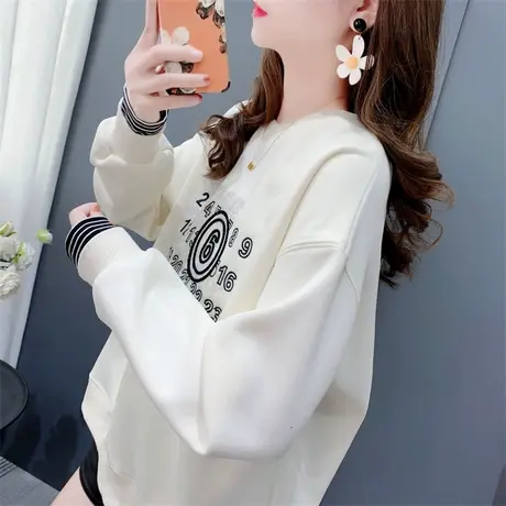 韩版气质时尚加绒加厚圆领卫衣女秋冬2023新款洋气百搭小个子上衣商品大图