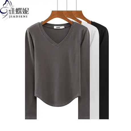 春秋新款韩版V领下摆圆弧修身纯色纯棉长袖体恤上衣内搭女打底衫图片