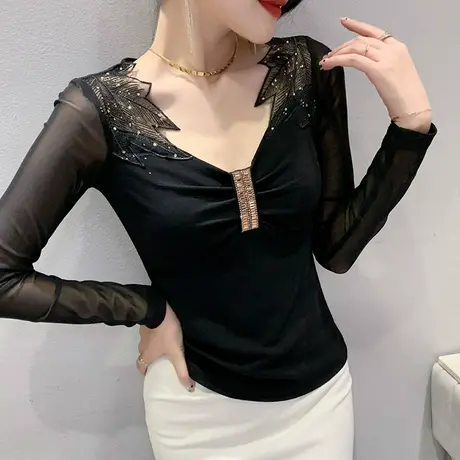 性感V领长袖T恤女士欧货烫钻显瘦别致上衣气质网纱打底衫内搭秋季商品大图