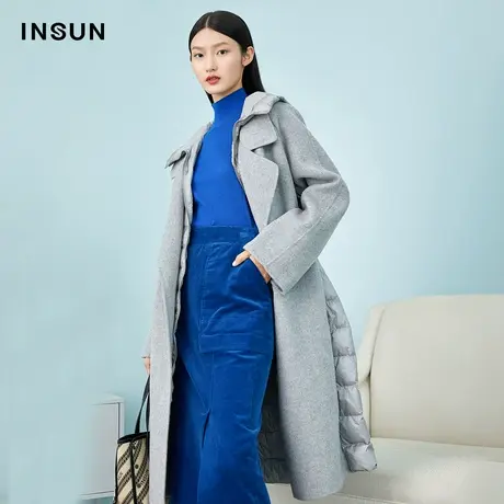 INSUN恩裳冬季拼接连帽白鹅绒羽绒服商品大图