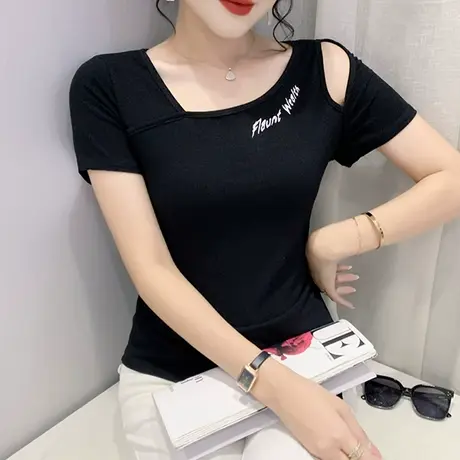 不规则斜领短袖上衣女2024夏装新款性感镂空T恤洋气心机露肩小衫商品大图