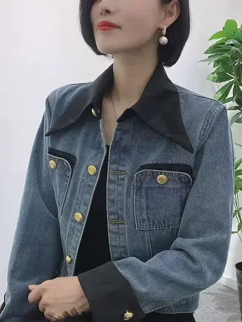 2023年早春季韩系设计感小众拼接百搭上衣新款翻领长袖牛仔外套潮商品大图