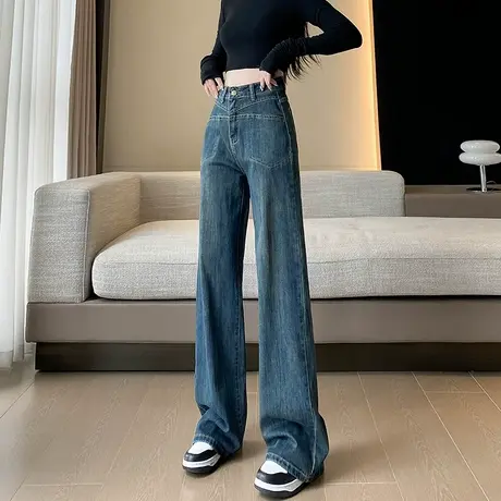 高腰窄版阔腿牛仔裤女秋季2023新款宽松显瘦两侧口袋垂感拖地裤子图片