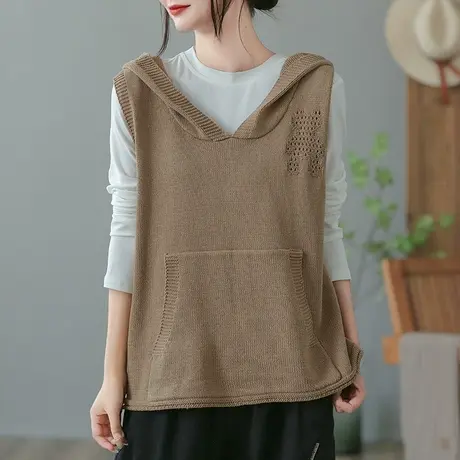 dza 复古工字连帽针织马甲背心女2023秋新款宽松外搭毛衣马夹上衣图片