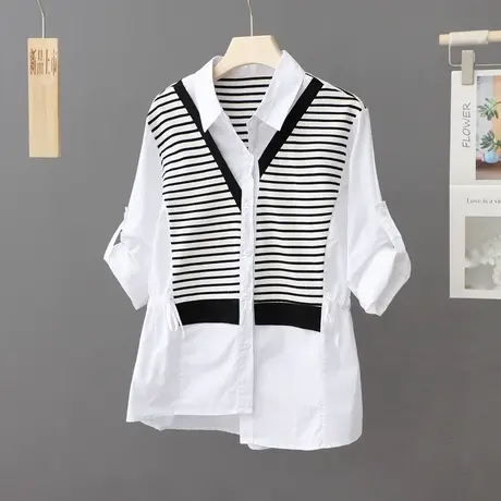 条纹拼接长袖衬衫女春季2024新款洋气衬衣韩版时尚小衫设计感上衣图片