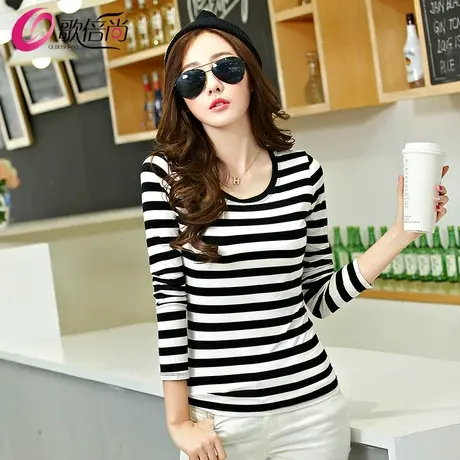 2023春秋新款横黑白条纹长袖T恤女海魂海军风上衣韩版修身打底衫商品大图