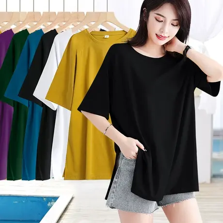 螺纹纯色下摆两侧开叉中长款宽松短袖t恤女款夏季休闲百搭上衣商品大图