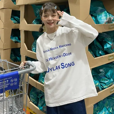 韩版圆领印花长袖女春秋薄款慵懒风宽松显瘦显白打底衫慵懒风上衣商品大图