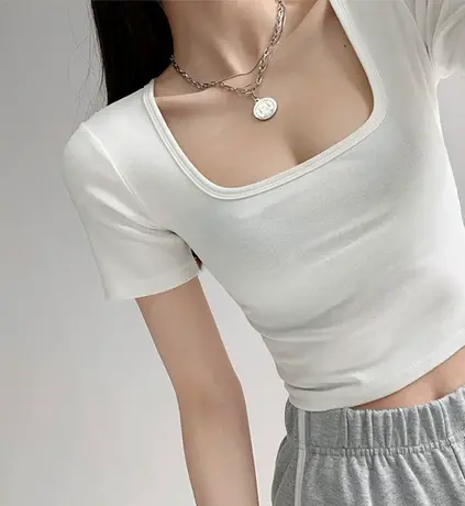 小众设计感方领显瘦露锁骨短袖T恤夏季女甜辣妹短款正肩chic上衣商品大图