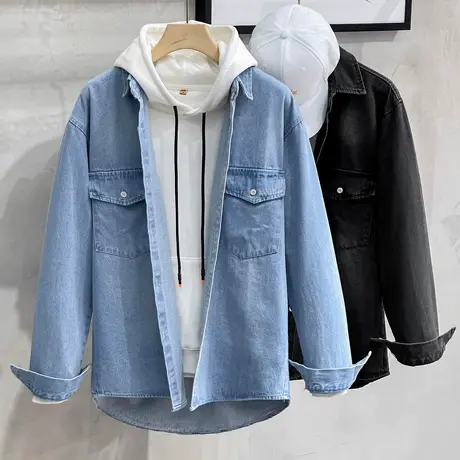 牛仔衬衫外套男春秋季薄款洗水休闲男装上衣复古日系男士衬衣长袖商品大图