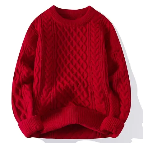 本命年大红色毛衣秋冬季男慵懒高级感粗麻花针织外套圣诞情侣线衣商品大图