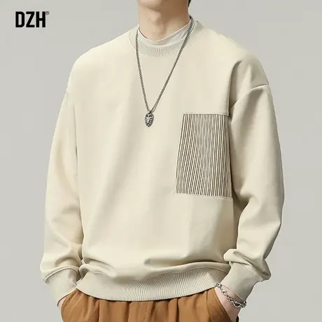 男士杏色重磅卫衣男春秋美式圆领长袖上衣休闲外套男装2024年新款图片