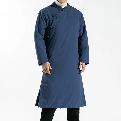 2023冬装男中长款棉衣斜襟民族风保暖加厚棉袄棉麻料外套男棉大衣图片