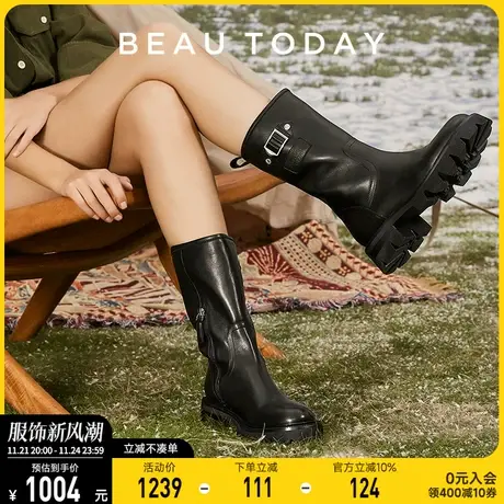 BeauToday高筒靴女靴秋季新款BT英伦风真皮水桶靴厚底长筒单靴子图片