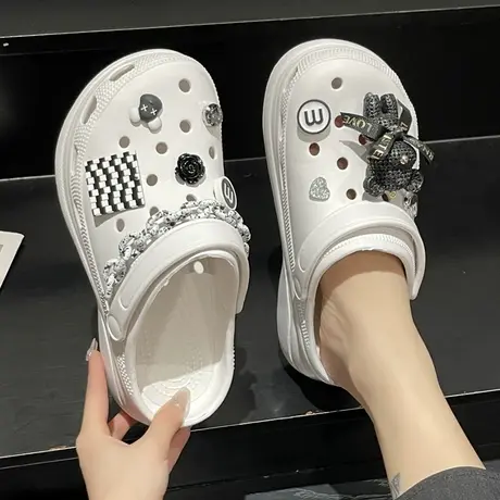 凉鞋女夏季洞洞鞋时尚可爱小熊链条增高厚底防滑外穿包头沙滩拖鞋商品大图