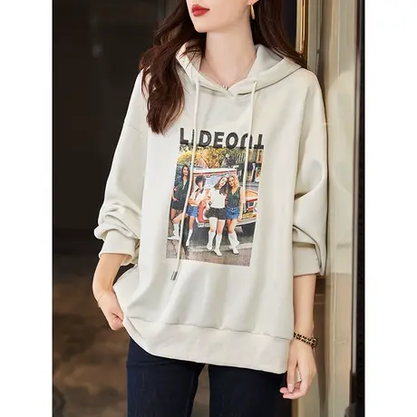 宝诗黎连帽字母印花慵懒卫衣2023秋季新款棉质百搭上衣女宽松休闲商品大图