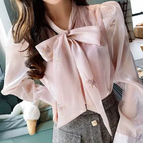 粉红大布娃娃法式设计感宽松上衣网纱刺绣蝴蝶结长袖衬衫2022新款商品大图