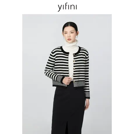 Yifini/易菲圆领条纹长袖针织毛衫女冬季新款短款毛织外套商品大图