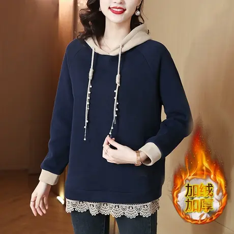 秋冬季加绒连帽卫衣女宽松加大码女装中年胖妈妈减龄加厚显瘦上衣商品大图