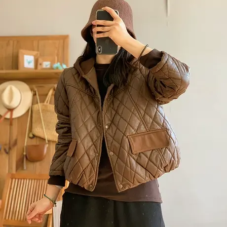 dza 复古连帽菱格加厚加绒棉衣外套女士冬季宽松短款皮夹克棉服女商品大图