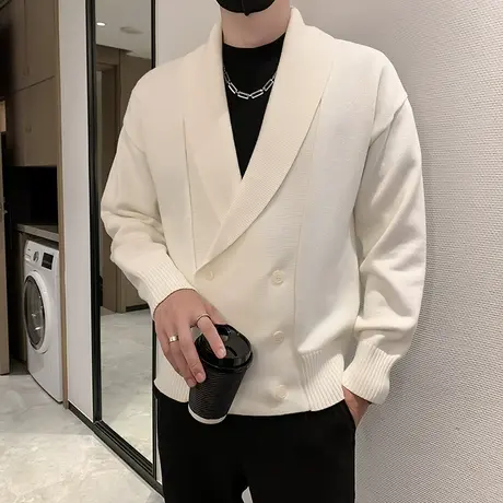 2023秋冬韩版潮流V领针织衫外套男纯色高级感双排扣开衫毛衣外套商品大图