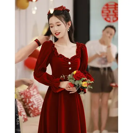 长袖敬酒服新娘2023新款秋冬季小个子酒红色订婚礼服连衣裙灯笼袖商品大图