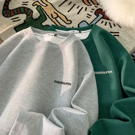 卫衣男秋季新款美式字母宽松无帽上衣oversize华夫格潮流情侣打底商品大图