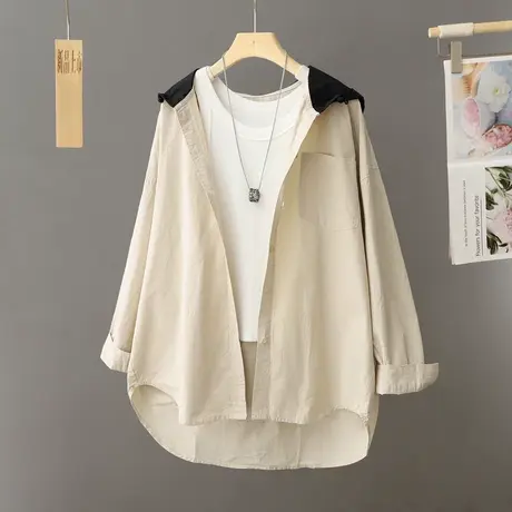 休闲连帽衬衫外套女中长款春秋2024新款女装上衣大码宽松风衣衬衣图片