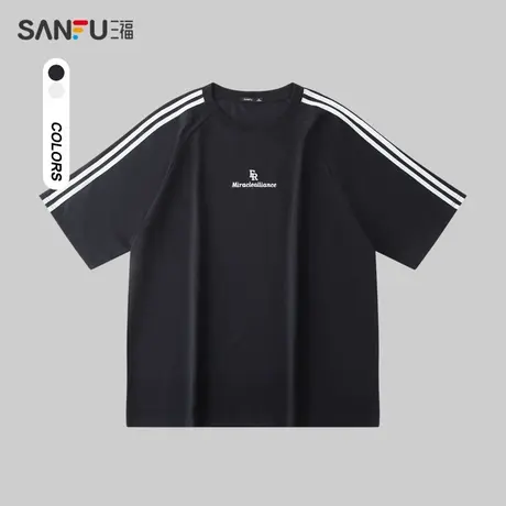 三福2024夏季男士袖子织带短T恤 休闲运动风圆领上衣男482946商品大图