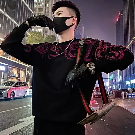 潮牌卫衣男春季美式重磅个性痞帅字母扎染上衣设计感ins长袖t恤图片