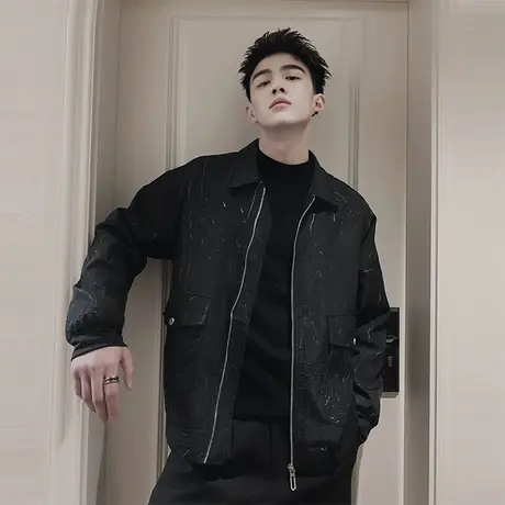 高级感轻奢褶皱春季夹克男上衣新款潮牌痞帅小众翻领复古休闲外套图片