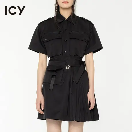 icy女装设计肩袢拉链口袋饰工装风气质廓形衬衫女短袖休闲上衣图片