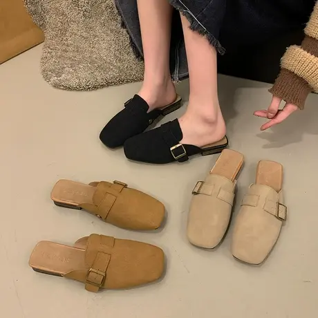小众时尚方头皮带扣半拖鞋女2024年春季新款英伦风休闲时装凉拖鞋商品大图