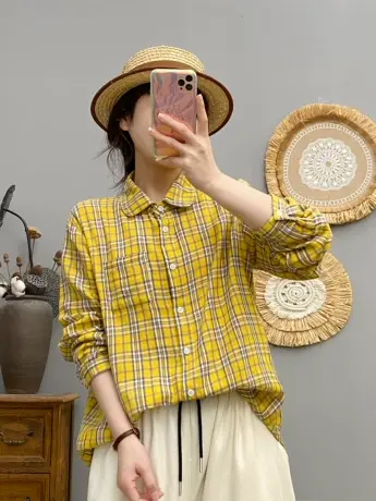 春秋季复古文艺柔软舒适双层棉纱长袖格子衬衫女宽松百搭打底上衣商品大图