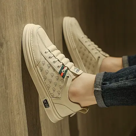 欧洲站男鞋春夏季透气潮流一脚蹬软底板鞋男士韩版百搭皮面小白鞋商品大图