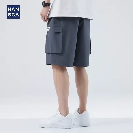 hansca工装休闲裤男夏季新款复古潮牌宽松大口袋抽绳直筒五分裤子商品大图