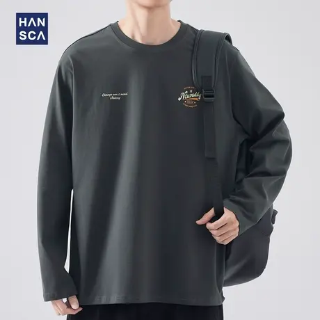 hansca 美式260g重磅t恤长袖男春季新款宽松大码简约印花纯棉上衣商品大图