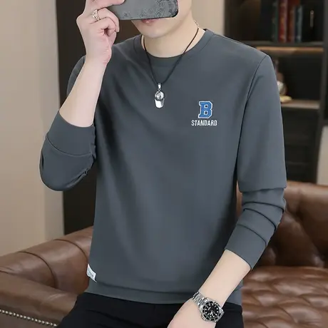 长袖T恤男士2024秋冬季新款潮流休闲百搭加绒加厚圆领卫衣打底衫图片
