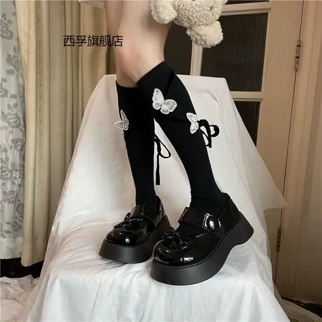 立体刺绣蝴蝶中筒袜交叉绑带棉质秋冬可爱日系小腿袜女商品大图