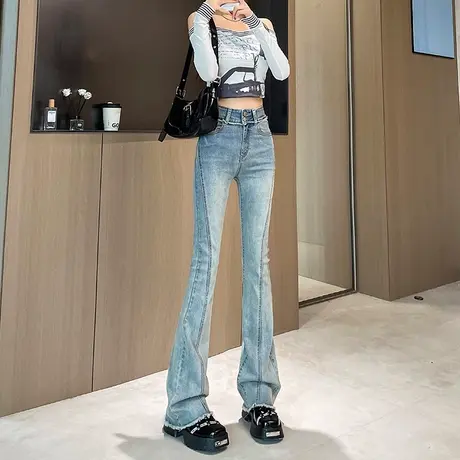 微喇叭裤牛仔裤女2024年春秋新款高腰显瘦紧身修身弹力毛边马蹄裤商品大图