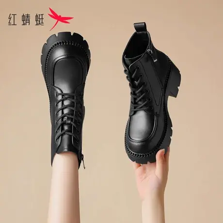 红蜻蜓靴子女欧货短靴女2023新款秋冬英伦马丁靴工装靴小个子女靴商品大图