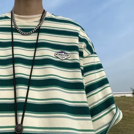 夏季宽松薄款透气条纹短袖T恤男潮流小清新情侣圆领休闲半袖上衣商品大图