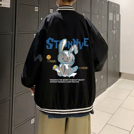国潮立领棒球服男秋季新款宽松情侣港风上衣男生潮牌卡通印花夹克商品大图