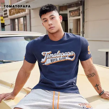 TOMATOPAPA美式短袖t恤男圆领品牌印花棉体恤街头潮流训练上衣男商品大图