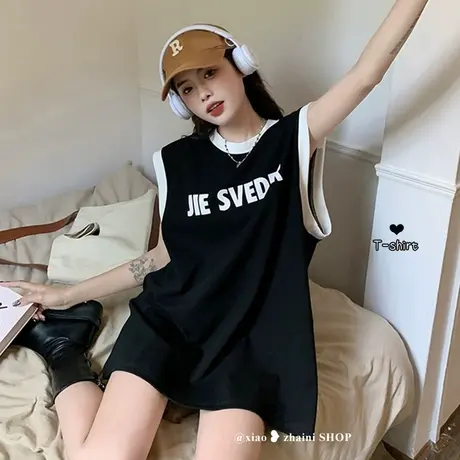 胖mm黑色无袖t恤女夏季大码设计感小众宽松外穿小背心上衣200斤潮商品大图