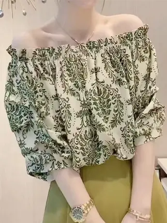 一字肩碎花短袖衬衫女夏季2022新款法式锁骨显瘦漂亮泡泡袖上衣图片