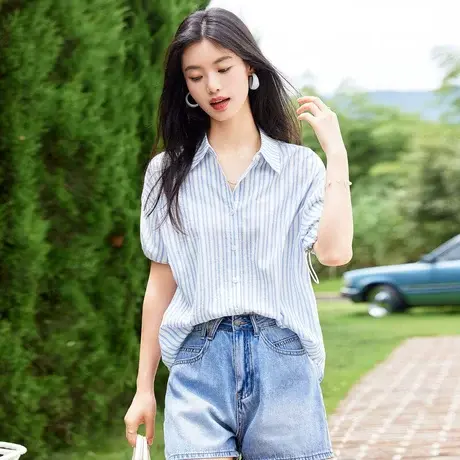 时尚气质条纹翻领短袖衬衫2023年夏季新款淑女温柔显瘦通勤上衣商品大图