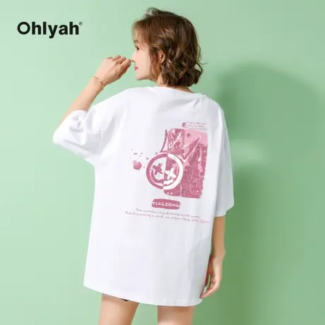 Ohlyah品牌 黑色纯棉潮牌笑脸宽松印花短袖t恤女ins潮情侣装半袖商品大图