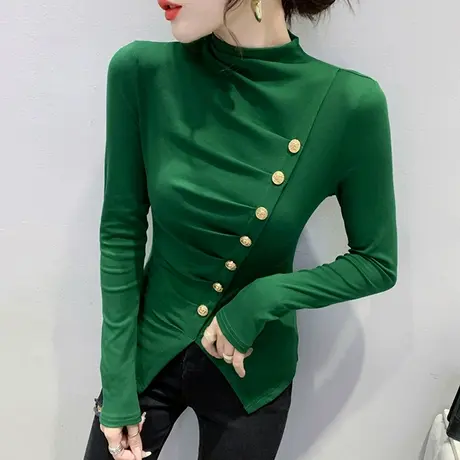 半高领不规则打底衫女秋冬欧货洋气开叉长袖T恤小众内搭紧身上衣商品大图